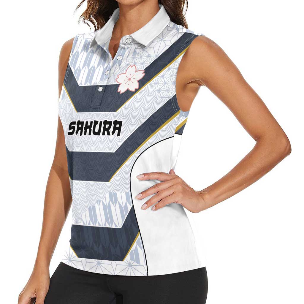 Japan Pacific Rugby 2022-23 Custom Women Sleeveless Polo Shirt Black Sakura Japanese Wave Pattern LT9 - Polynesian Pride