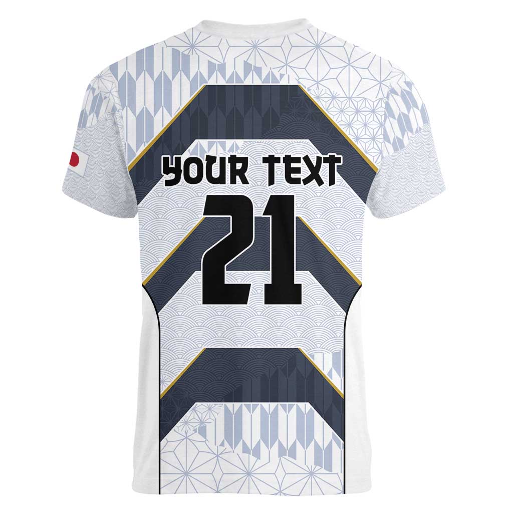 Japan Pacific Rugby 2022-23 Custom Women V-Neck T-Shirt Black Sakura Japanese Wave Pattern
