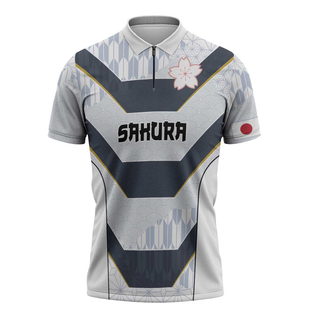 Japan Pacific Rugby 2022-23 Custom Zipper Polo Shirt Black Sakura Japanese Wave Pattern - Polynesian Pride