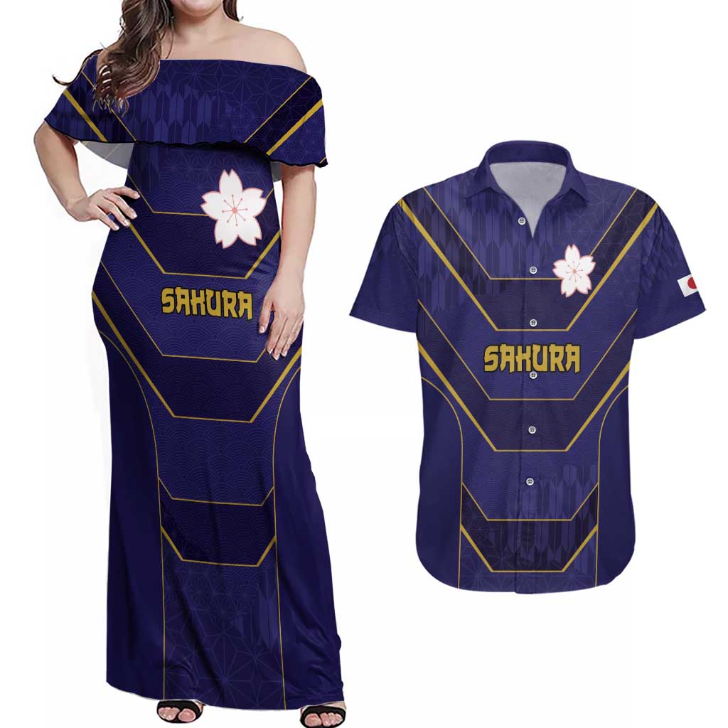Japan Pacific Rugby 2022-23 Custom Couples Matching Off Shoulder Maxi Dress and Hawaiian Shirt Blue Sakura Japanese Wave Pattern
