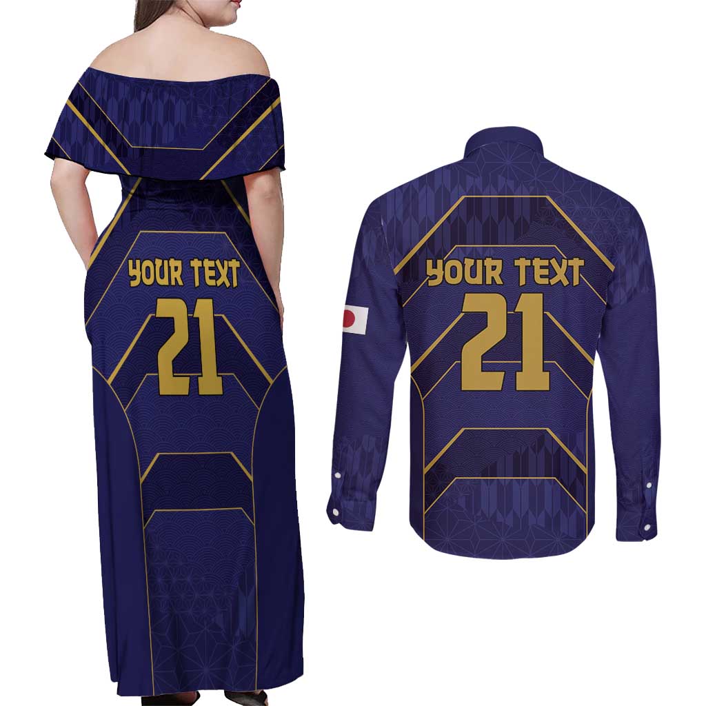 Japan Pacific Rugby 2022-23 Custom Couples Matching Off Shoulder Maxi Dress and Long Sleeve Button Shirt Blue Sakura Japanese Wave Pattern