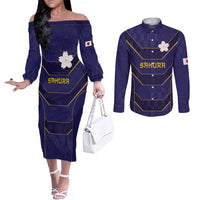 Japan Pacific Rugby 2022-23 Custom Couples Matching Off The Shoulder Long Sleeve Dress and Long Sleeve Button Shirt Blue Sakura Japanese Wave Pattern