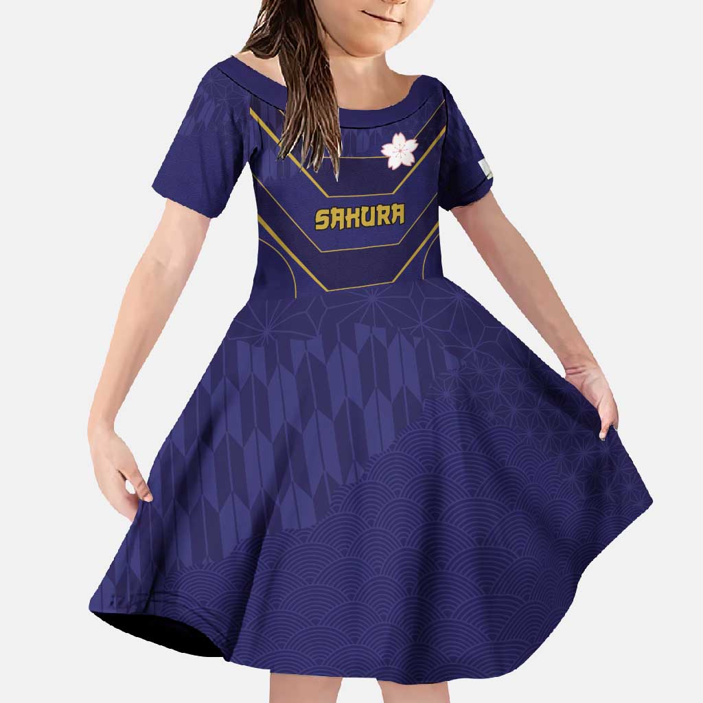 Japan Pacific Rugby 2022-23 Custom Family Matching Short Sleeve Bodycon Dress and Hawaiian Shirt Blue Sakura Japanese Wave Pattern LT9 Daughter's Dress Blue - Polynesian Pride