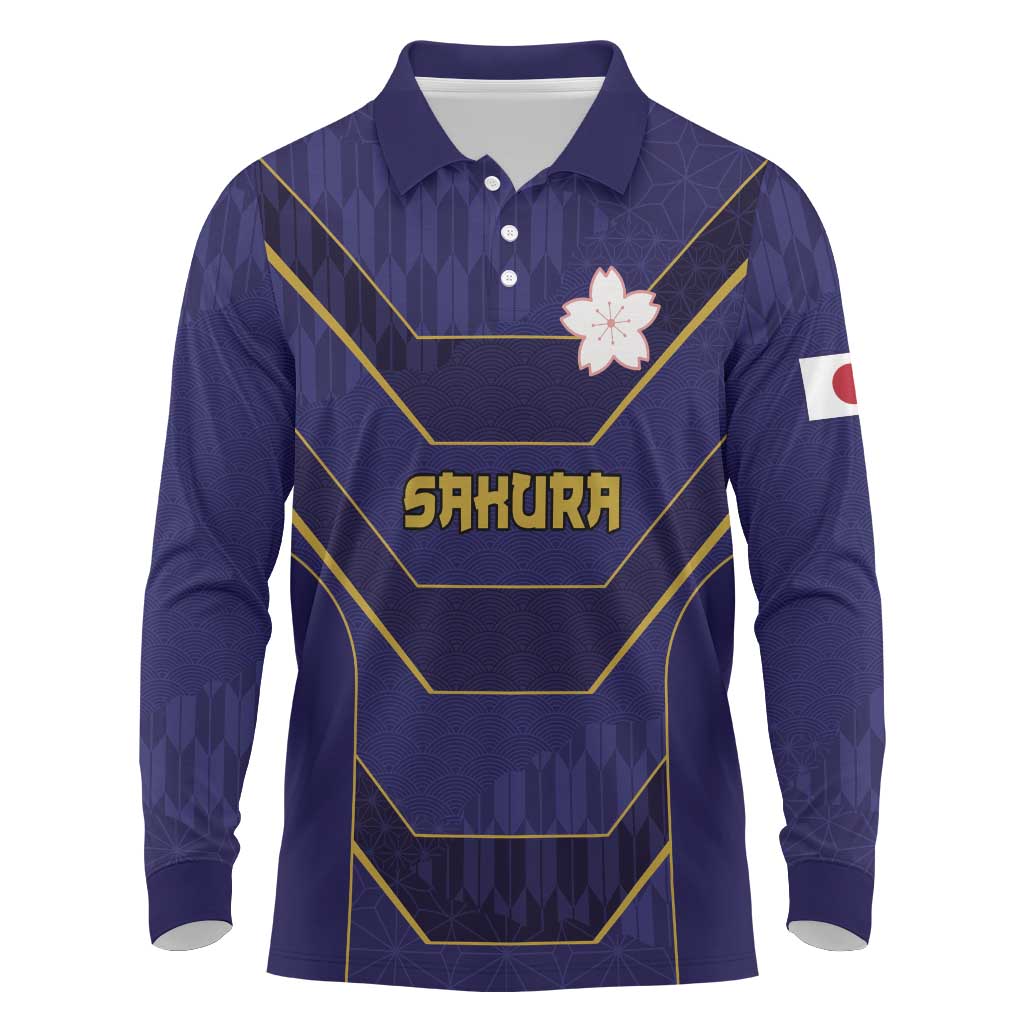 Japan Pacific Rugby 2022-23 Custom Long Sleeve Polo Shirt Blue Sakura Japanese Wave Pattern LT9 Blue - Polynesian Pride