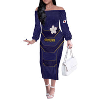 Japan Pacific Rugby 2022-23 Custom Off The Shoulder Long Sleeve Dress Blue Sakura Japanese Wave Pattern