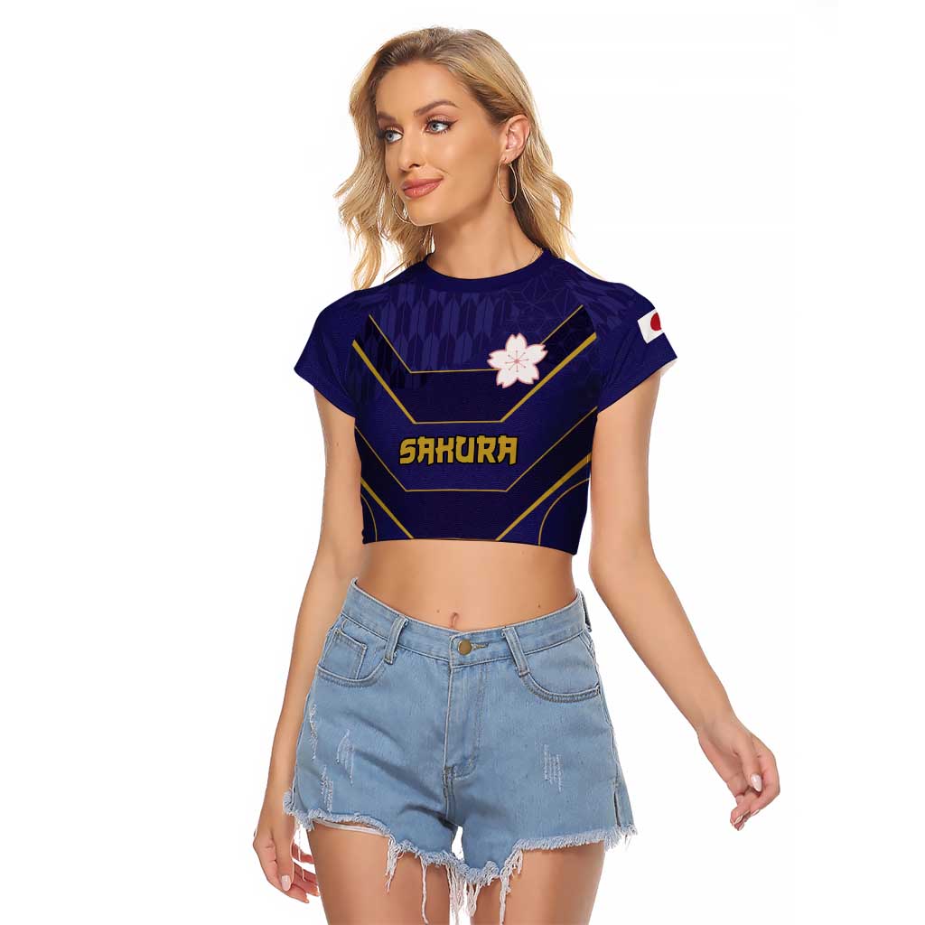 Japan Pacific Rugby 2022-23 Custom Raglan Cropped T Shirt Blue Sakura Japanese Wave Pattern LT9 Female Blue - Polynesian Pride