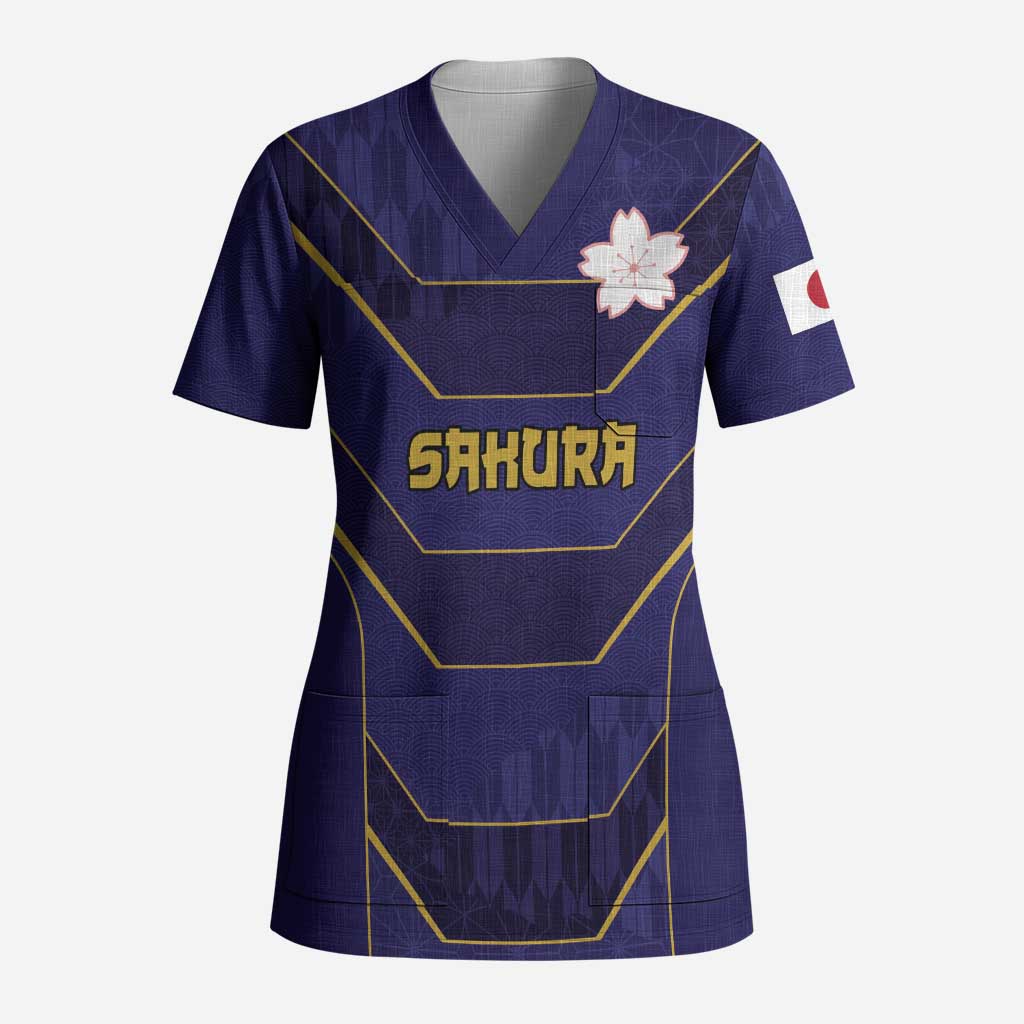Japan Pacific Rugby 2022-23 Custom Scrub Top Blue Sakura Japanese Wave Pattern LT9 Adult Blue - Polynesian Pride