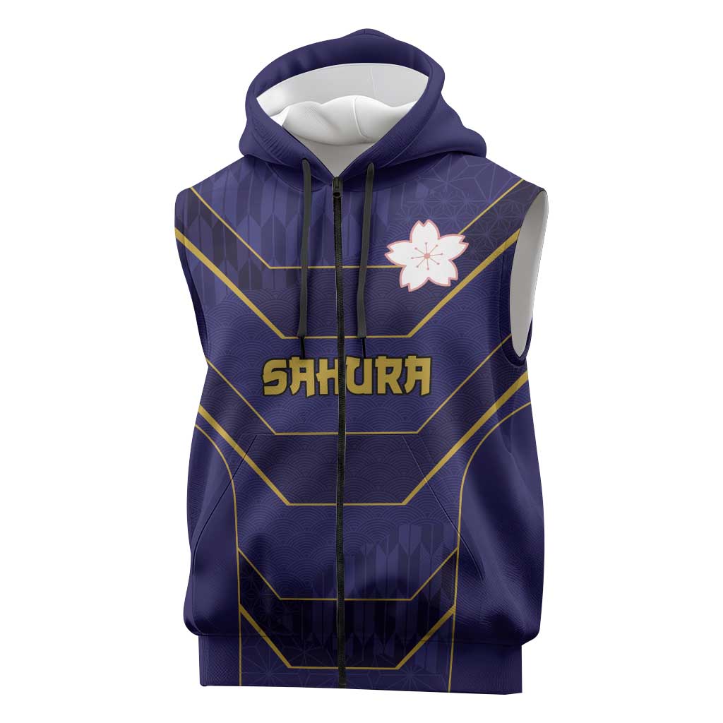 Japan Pacific Rugby 2022-23 Custom Sleeveless Zip Hoodie Blue Sakura Japanese Wave Pattern - Polynesian Pride