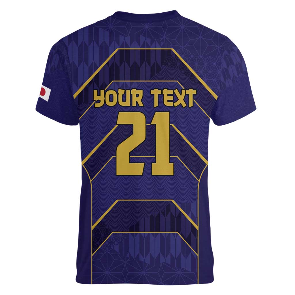 Japan Pacific Rugby 2022-23 Custom Women V-Neck T-Shirt Blue Sakura Japanese Wave Pattern