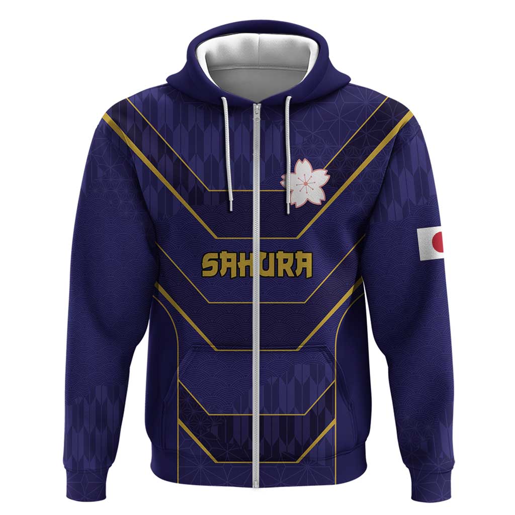 Japan Pacific Rugby 2022-23 Custom Zip Hoodie Blue Sakura Japanese Wave Pattern