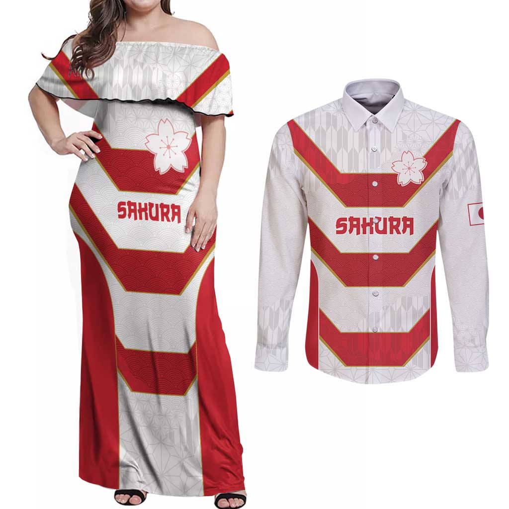 Japan Pacific Rugby 2022-23 Custom Couples Matching Off Shoulder Maxi Dress and Long Sleeve Button Shirt Red Sakura Japanese Wave Pattern