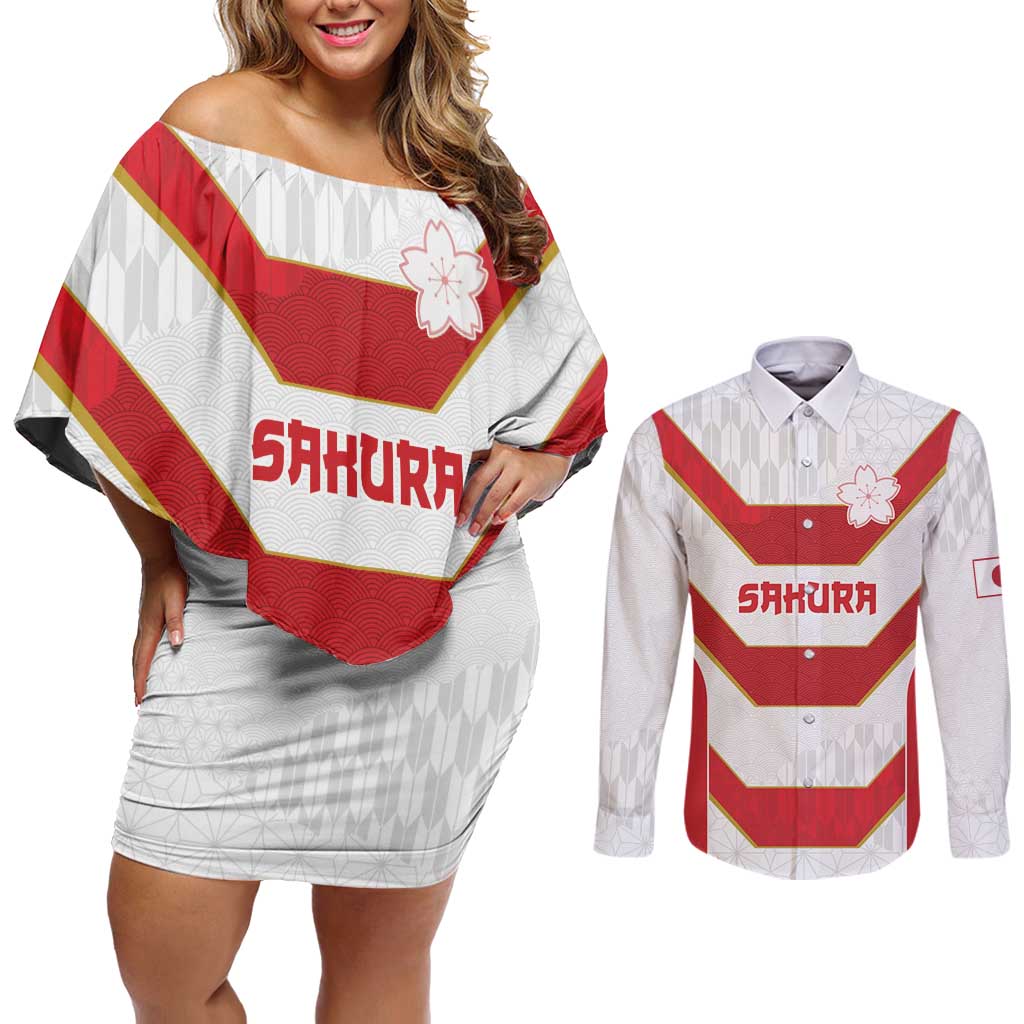 Japan Pacific Rugby 2022-23 Custom Couples Matching Off Shoulder Short Dress and Long Sleeve Button Shirt Red Sakura Japanese Wave Pattern