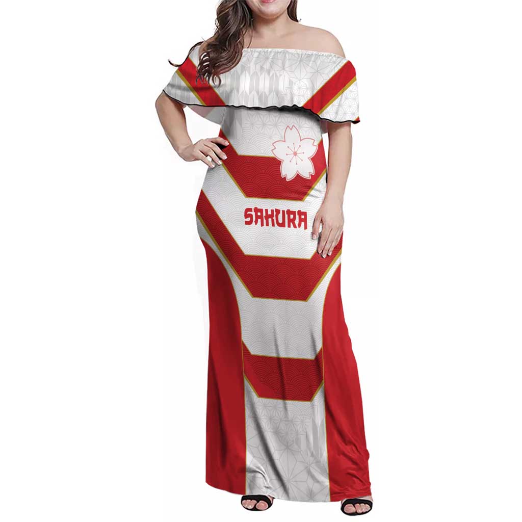 Japan Pacific Rugby 2022-23 Custom Family Matching Off Shoulder Maxi Dress and Hawaiian Shirt Red Sakura Japanese Wave Pattern