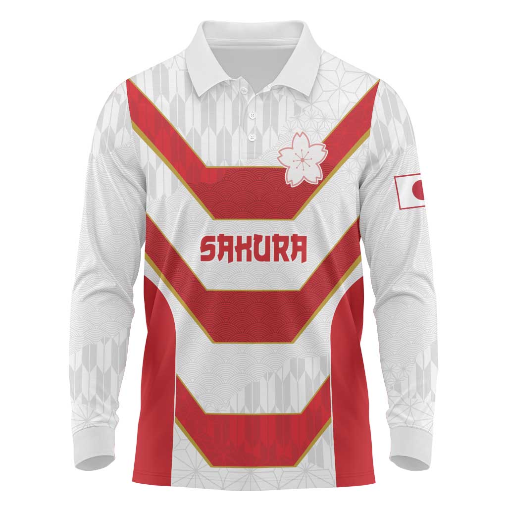 Japan Pacific Rugby 2022-23 Custom Long Sleeve Polo Shirt Red Sakura Japanese Wave Pattern LT9 Red - Polynesian Pride
