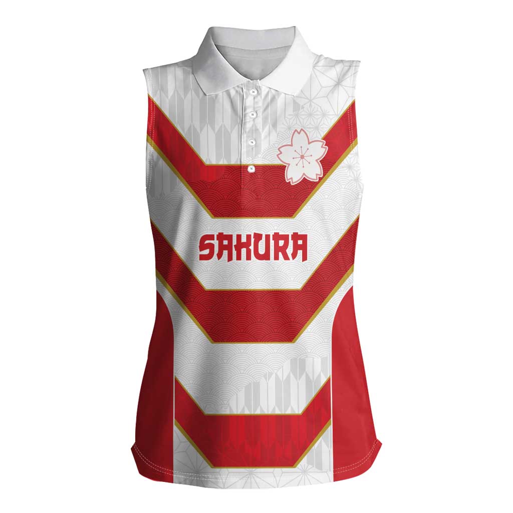Japan Pacific Rugby 2022-23 Custom Women Sleeveless Polo Shirt Red Sakura Japanese Wave Pattern LT9 Female Red - Polynesian Pride