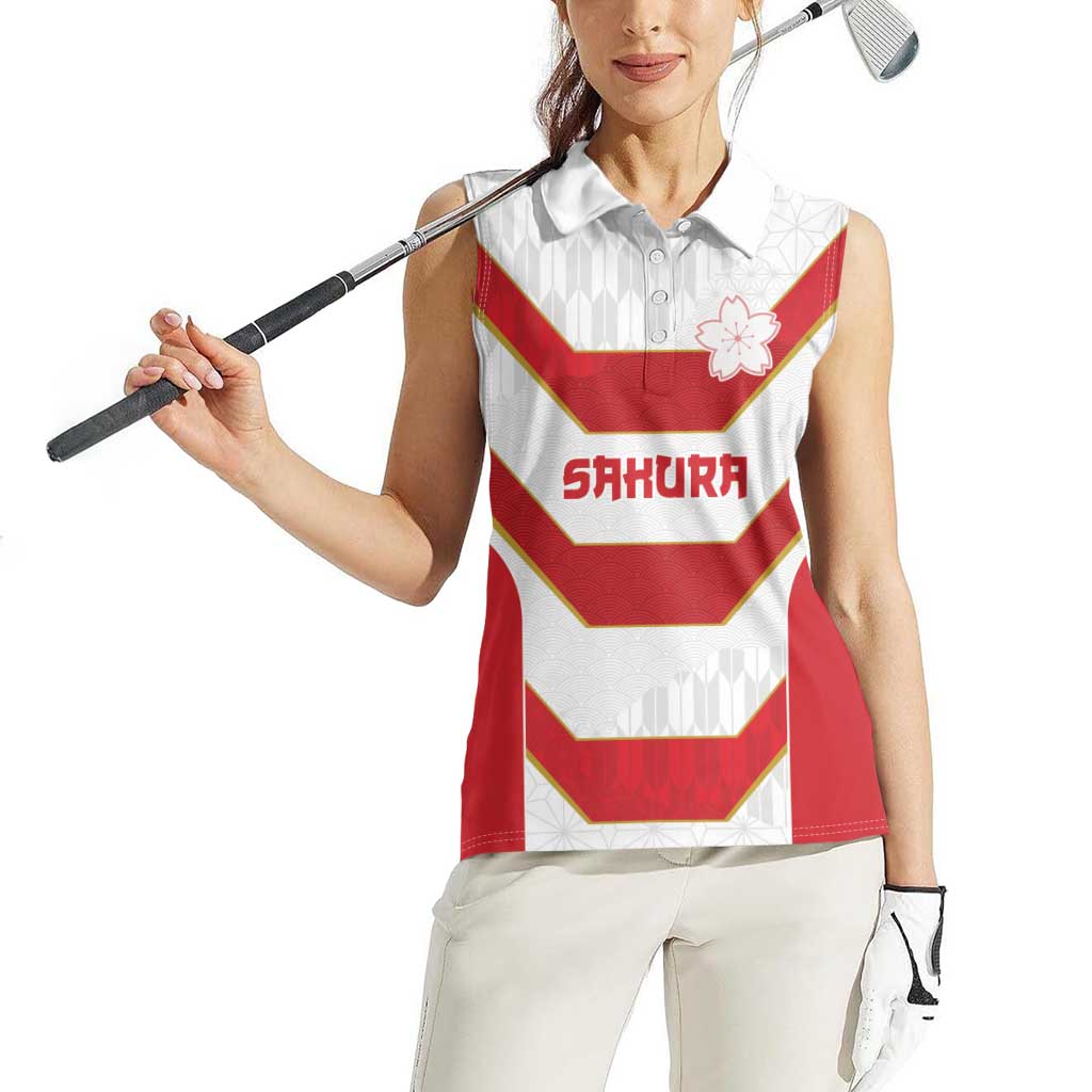 Japan Pacific Rugby 2022-23 Custom Women Sleeveless Polo Shirt Red Sakura Japanese Wave Pattern
