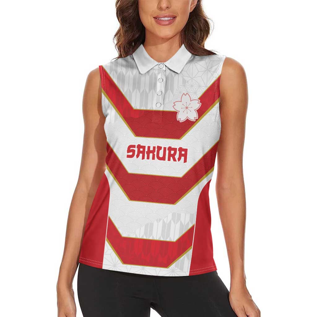 Japan Pacific Rugby 2022-23 Custom Women Sleeveless Polo Shirt Red Sakura Japanese Wave Pattern
