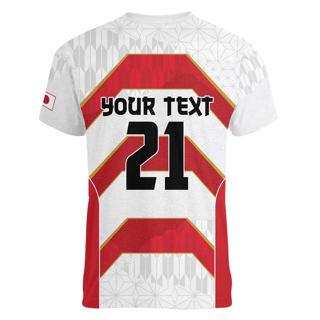 Japan Pacific Rugby 2022-23 Custom Women V-Neck T-Shirt Red Sakura Japanese Wave Pattern