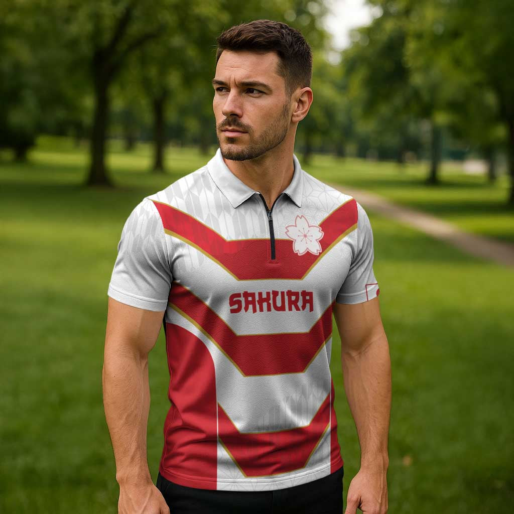 Japan Pacific Rugby 2022-23 Custom Zipper Polo Shirt Red Sakura Japanese Wave Pattern - Polynesian Pride