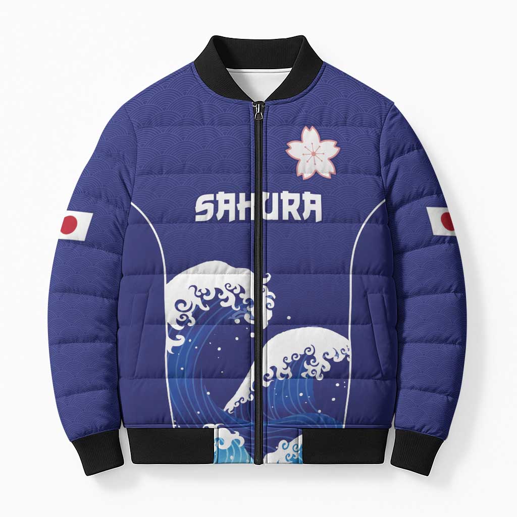 Japan Pacific Rugby Custom Bomber Puffer Jacket Go Sakura Japanese Wave Pattern LT9 Unisex Blue - Polynesian Pride
