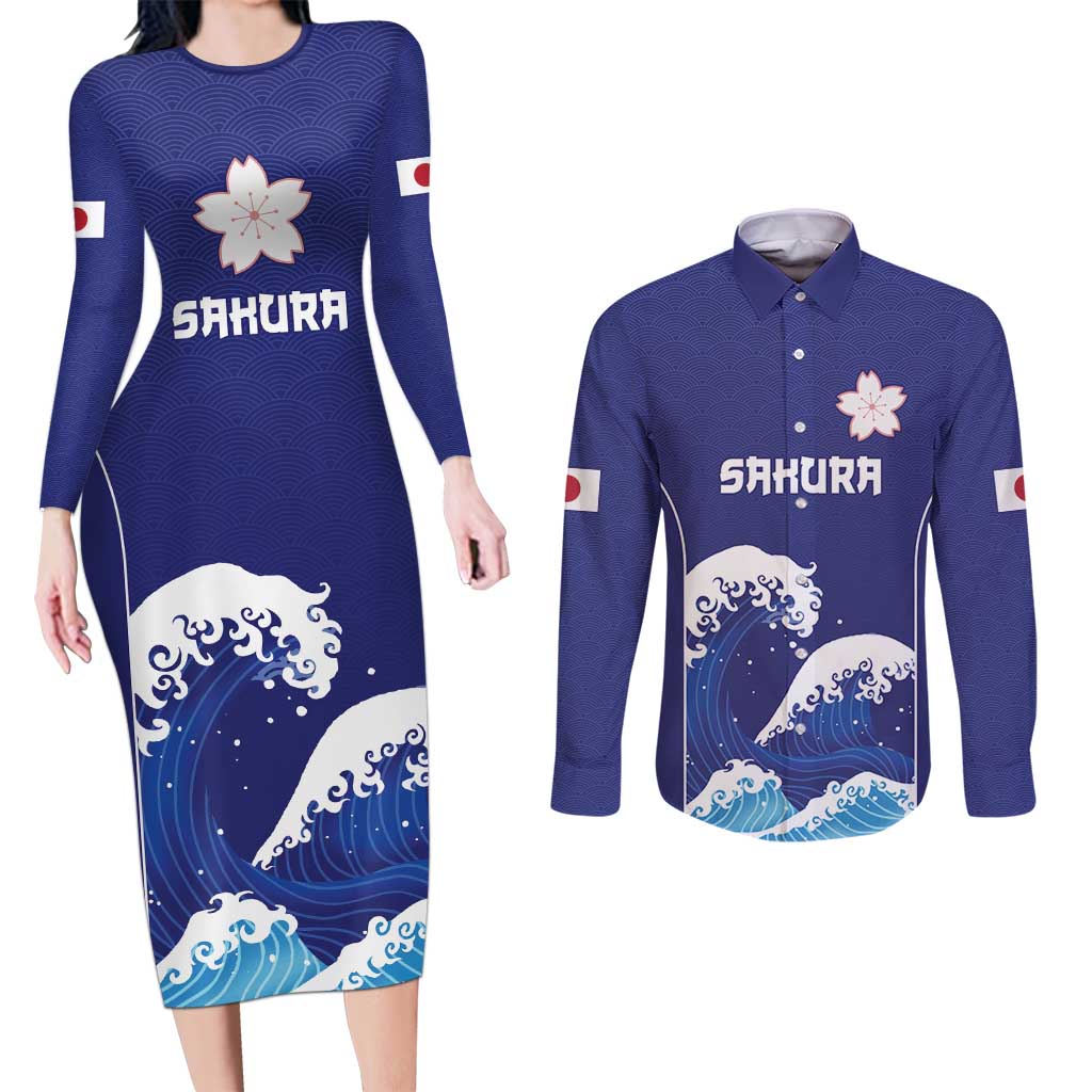 Japan Pacific Rugby Custom Couples Matching Long Sleeve Bodycon Dress and Long Sleeve Button Shirt Go Sakura Japanese Wave Pattern