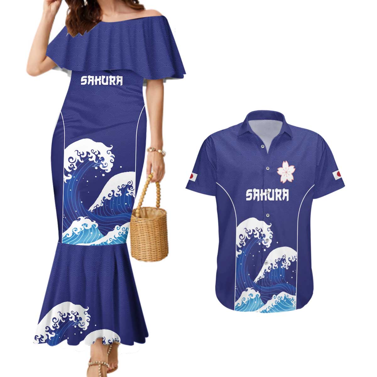 Japan Pacific Rugby Custom Couples Matching Mermaid Dress and Hawaiian Shirt Go Sakura Japanese Wave Pattern LT9 Blue - Polynesian Pride