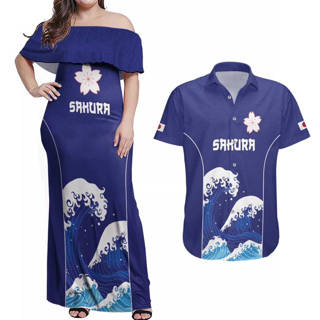 Japan Pacific Rugby Custom Couples Matching Off Shoulder Maxi Dress and Hawaiian Shirt Go Sakura Japanese Wave Pattern