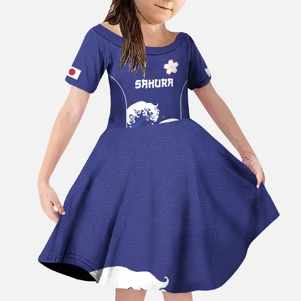 Japan Pacific Rugby Custom Family Matching Long Sleeve Bodycon Dress and Hawaiian Shirt Go Sakura Japanese Wave Pattern LT9 Daughter's Dress Blue - Polynesian Pride