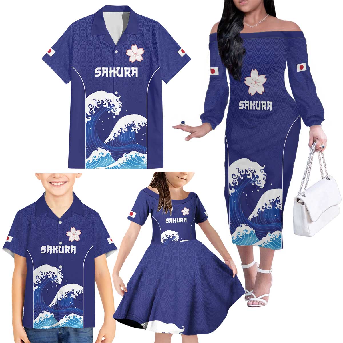 Japan Pacific Rugby Custom Family Matching Off The Shoulder Long Sleeve Dress and Hawaiian Shirt Go Sakura Japanese Wave Pattern