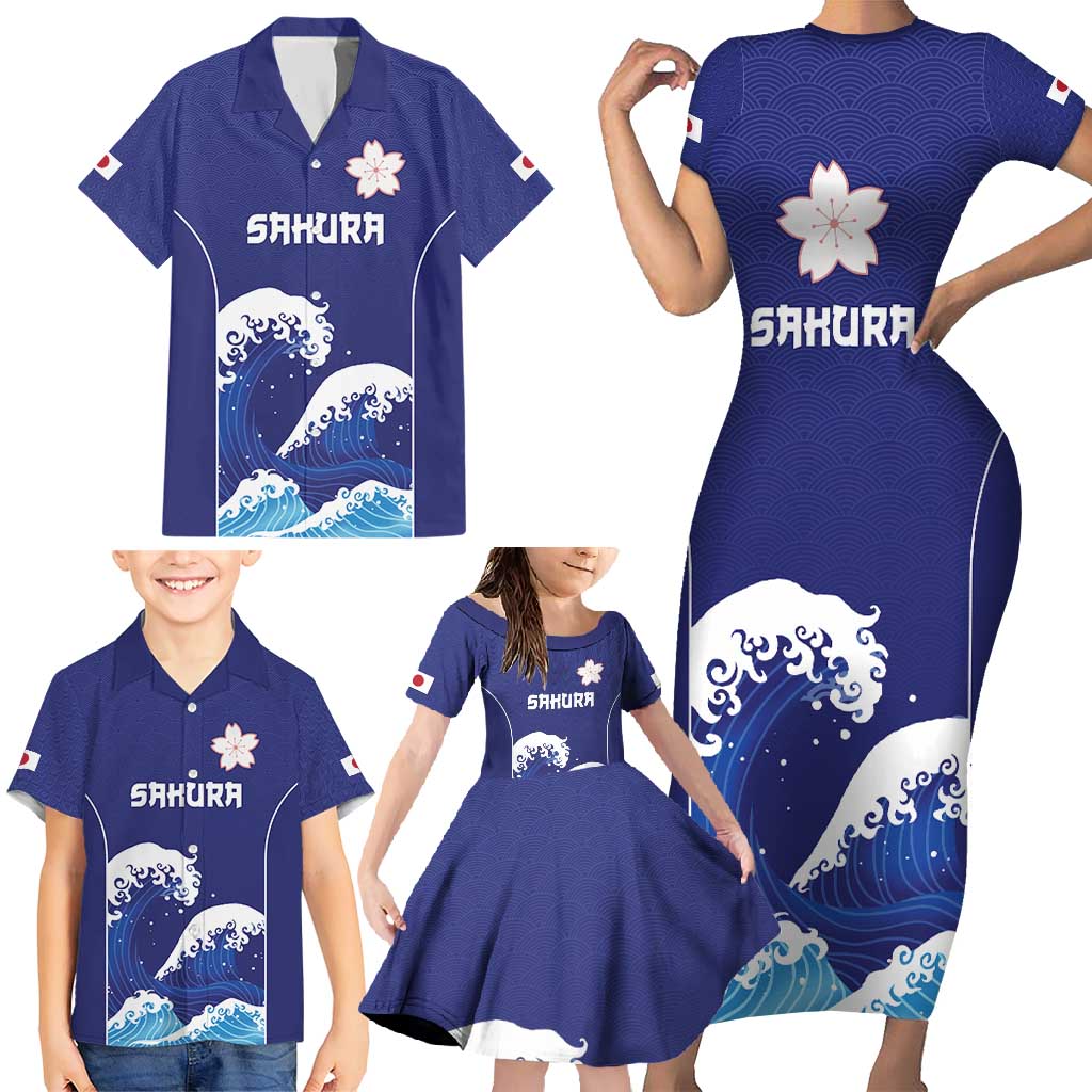 Japan Pacific Rugby Custom Family Matching Short Sleeve Bodycon Dress and Hawaiian Shirt Go Sakura Japanese Wave Pattern