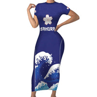 Japan Pacific Rugby Custom Family Matching Short Sleeve Bodycon Dress and Hawaiian Shirt Go Sakura Japanese Wave Pattern LT9 Mom's Dress Blue - Polynesian Pride