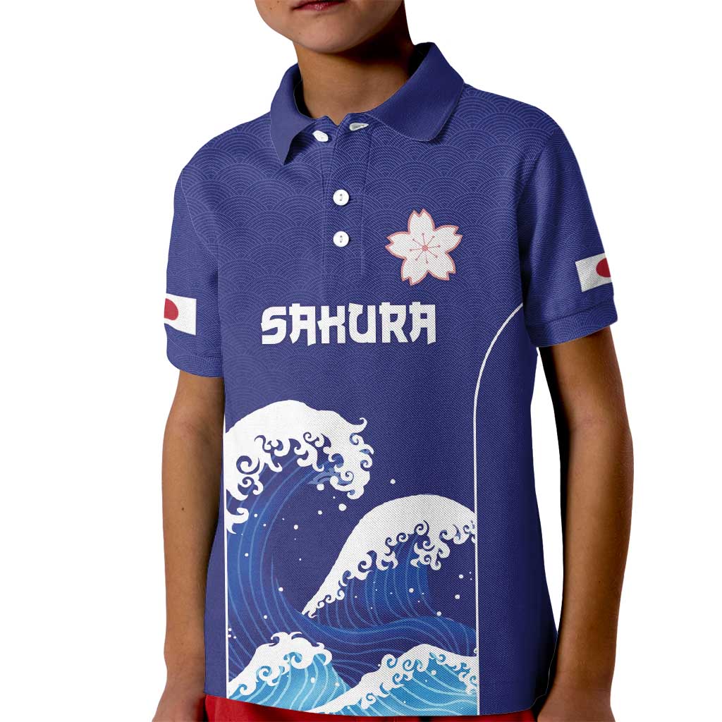 Japan Pacific Rugby Custom Kid Polo Shirt Go Sakura Japanese Wave Pattern LT9 Kid Blue - Polynesian Pride