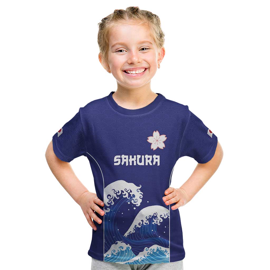 Japan Pacific Rugby Custom Kid T Shirt Go Sakura Japanese Wave Pattern LT9 Blue - Polynesian Pride