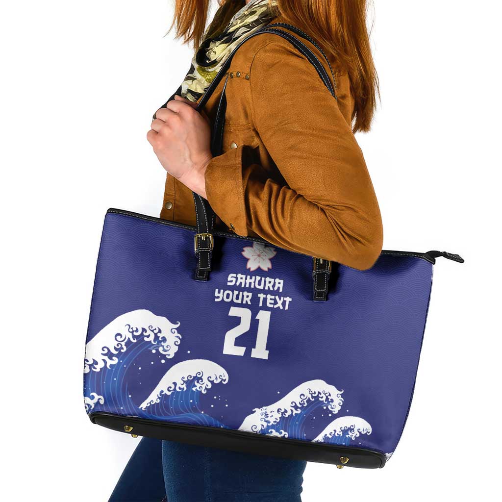 Japan Pacific Rugby Custom Leather Tote Bag Go Sakura Japanese Wave Pattern LT9 Blue - Polynesian Pride