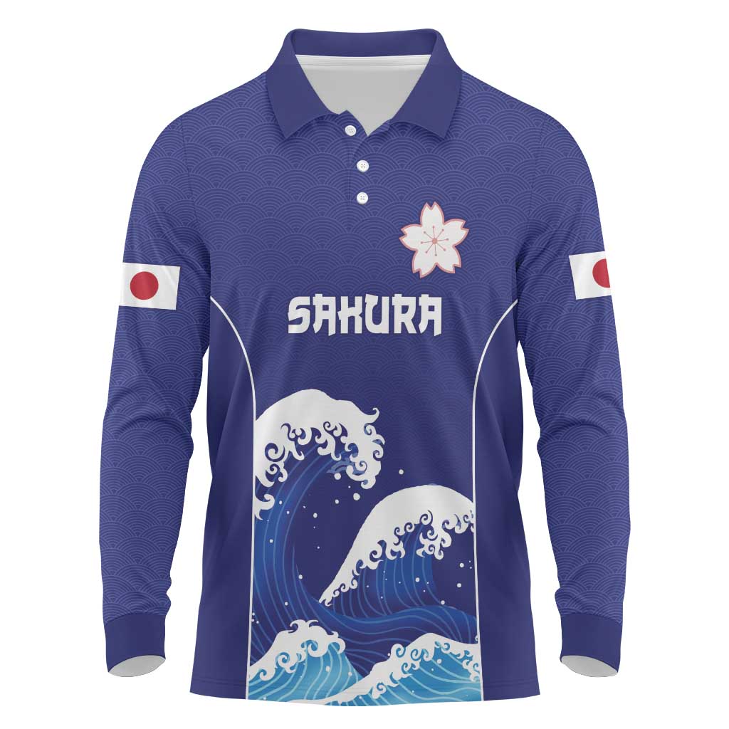 Japan Pacific Rugby Custom Long Sleeve Polo Shirt Go Sakura Japanese Wave Pattern LT9 Blue - Polynesian Pride