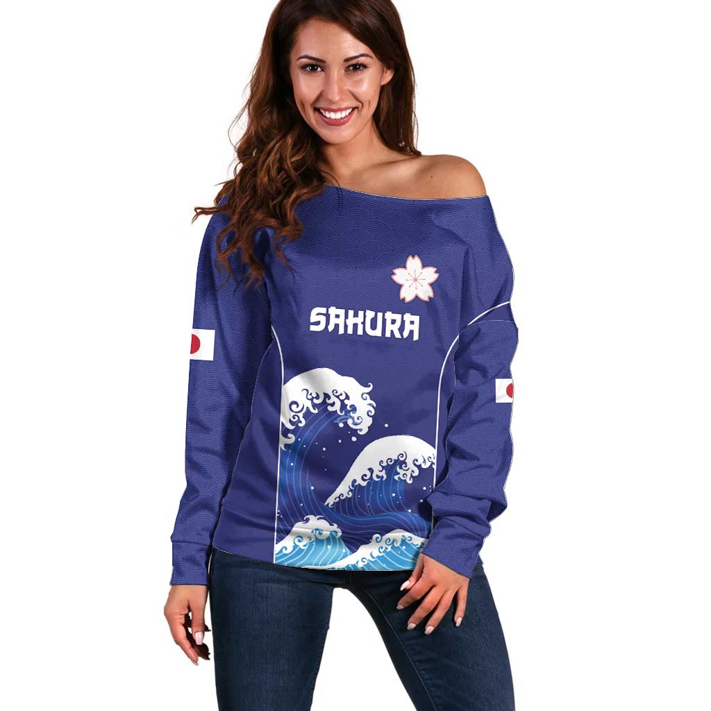 Japan Pacific Rugby Custom Off Shoulder Sweater Go Sakura Japanese Wave Pattern