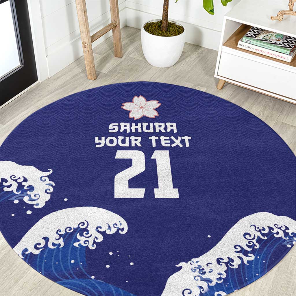 Japan Pacific Rugby Custom Round Carpet Go Sakura Japanese Wave Pattern LT9 Blue - Polynesian Pride