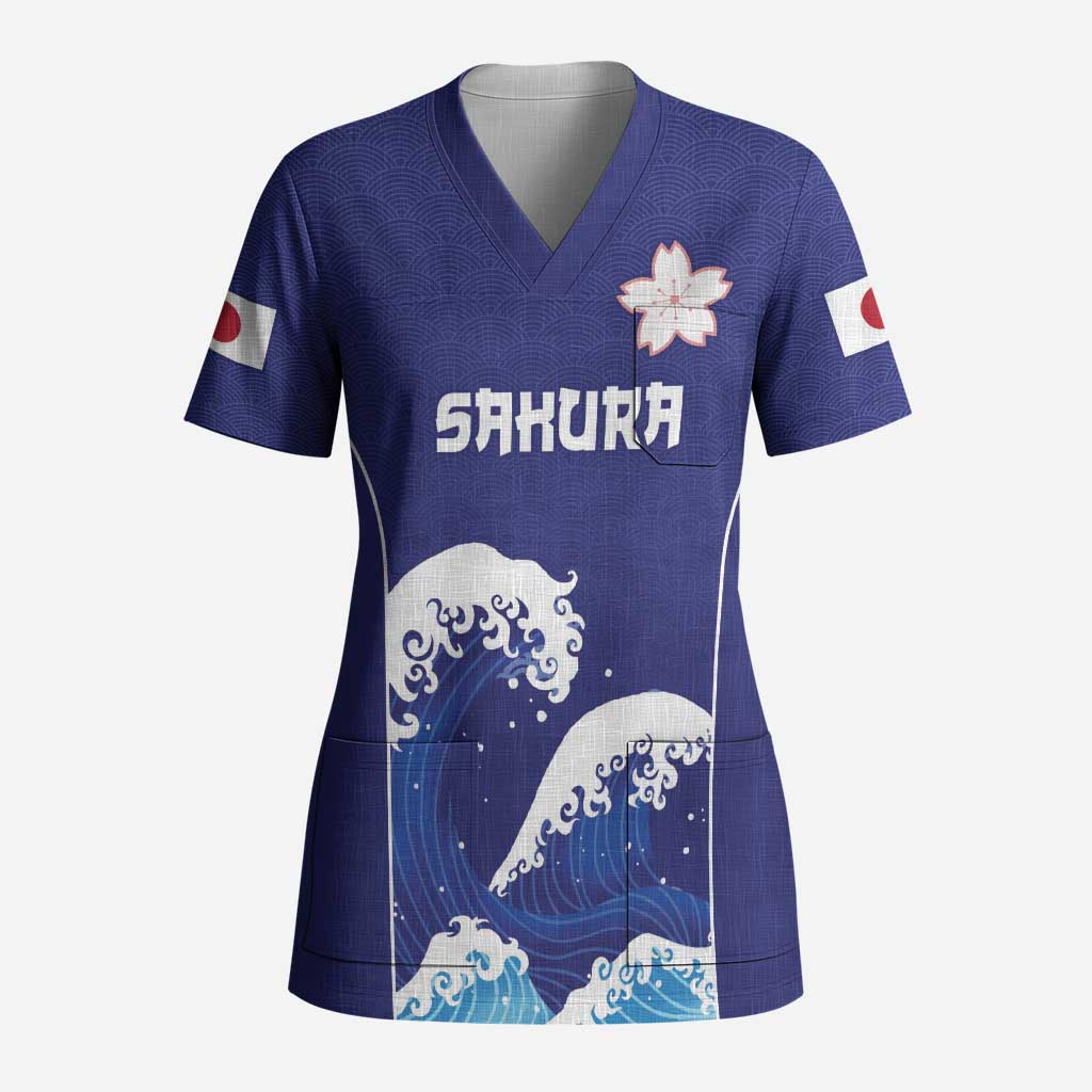 Japan Pacific Rugby Custom Scrub Top Go Sakura Japanese Wave Pattern LT9 Adult Blue - Polynesian Pride