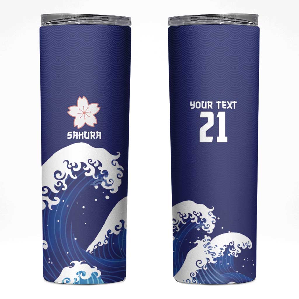 Japan Pacific Rugby Custom Skinny Tumbler Go Sakura Japanese Wave Pattern LT9 Blue - Polynesian Pride