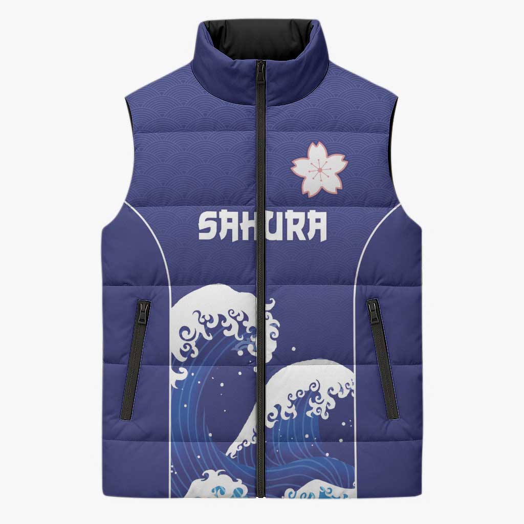 Japan Pacific Rugby Custom Sleeveless Puffer Jacket Go Sakura Japanese Wave Pattern LT9 Unisex Blue - Polynesian Pride