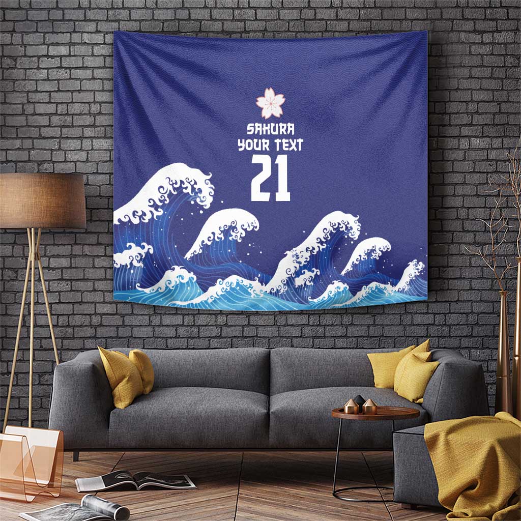 Japan Pacific Rugby Custom Tapestry Go Sakura Japanese Wave Pattern LT9 Blue - Polynesian Pride