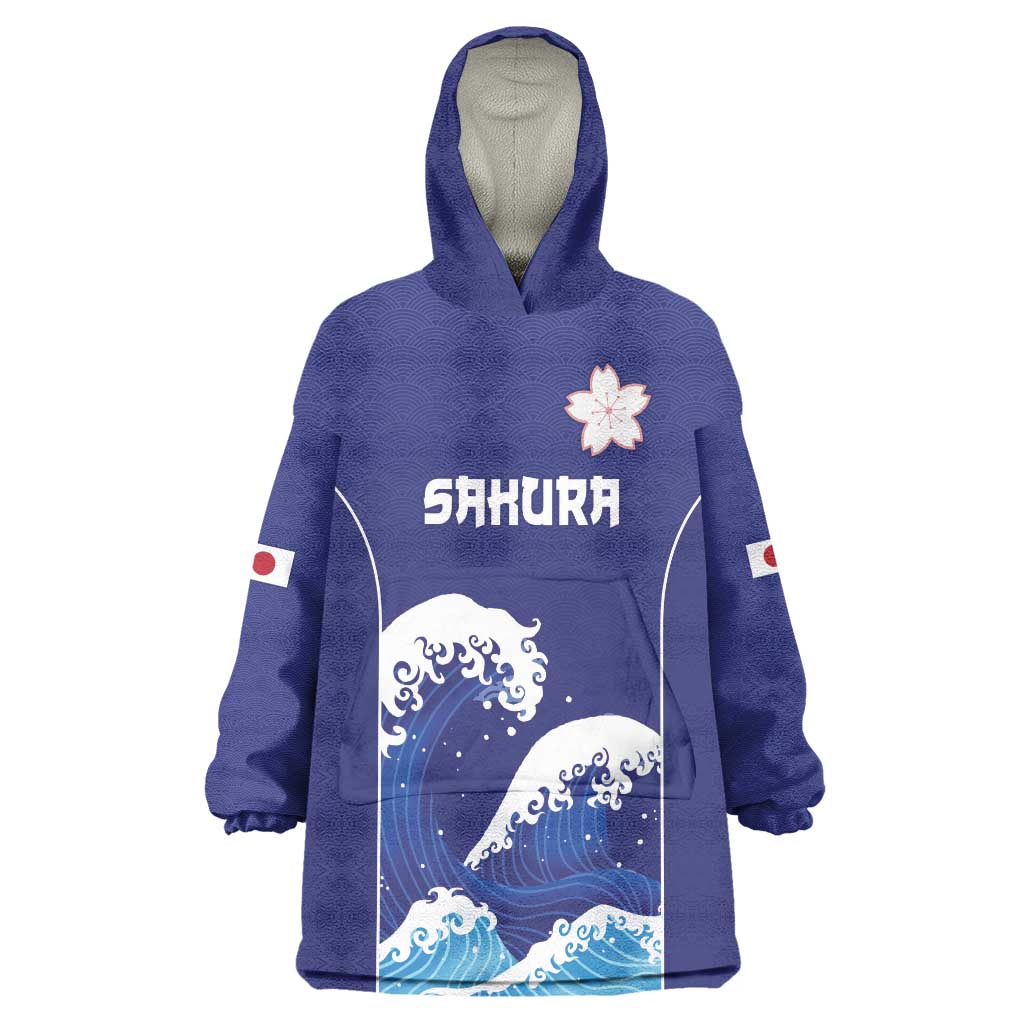 Japan Pacific Rugby Custom Wearable Blanket Hoodie Go Sakura Japanese Wave Pattern LT9 One Size Blue - Polynesian Pride