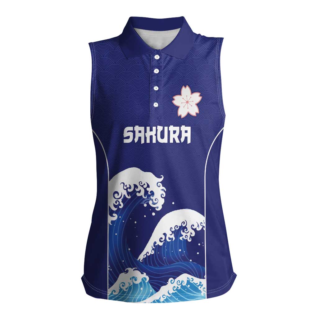 Japan Pacific Rugby Custom Women Sleeveless Polo Shirt Go Sakura Japanese Wave Pattern LT9 Female Blue - Polynesian Pride