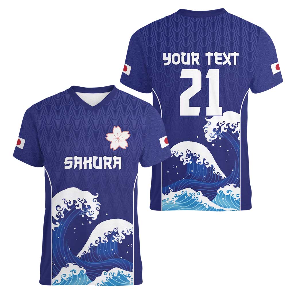 Japan Pacific Rugby Custom Women V-Neck T-Shirt Go Sakura Japanese Wave Pattern