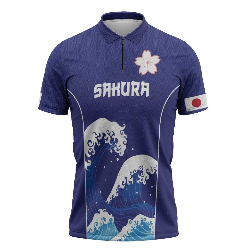 Japan Pacific Rugby Custom Zipper Polo Shirt Go Sakura Japanese Wave Pattern LT9 Blue - Polynesian Pride