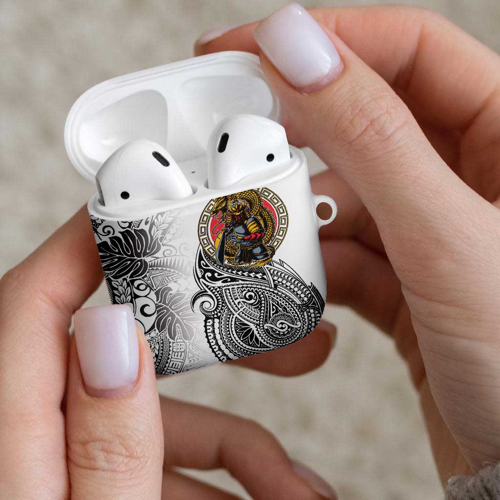 Japanese Samurai Warrior AirPods Case White Polynesian Tattoo Style - Polynesian Pride
