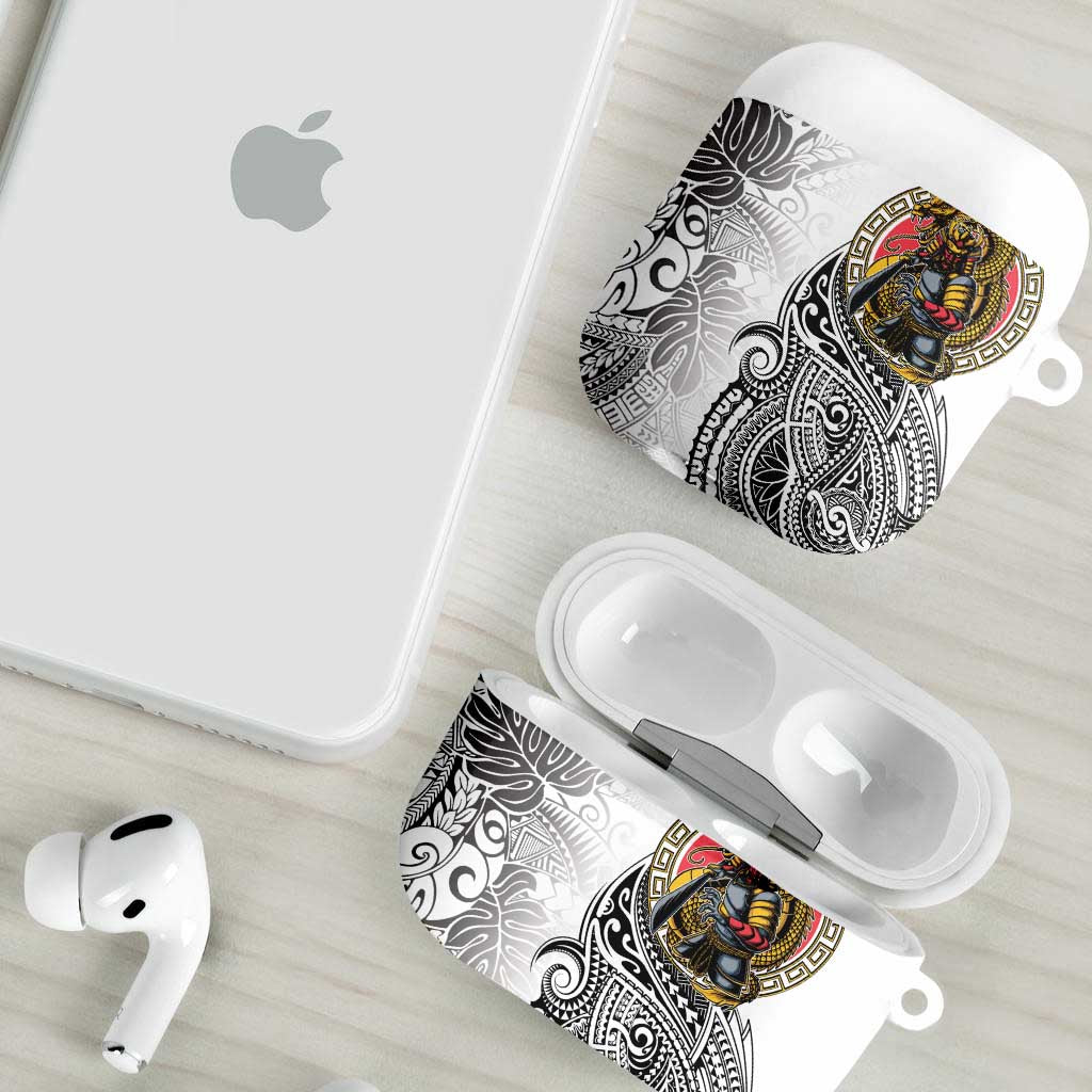 Japanese Samurai Warrior AirPods Case White Polynesian Tattoo Style - Polynesian Pride