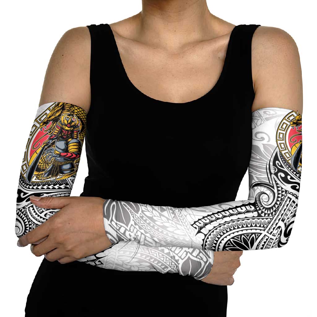 Japanese Samurai Warrior Arm Sleeves White Polynesian Tattoo Style - Polynesian Pride