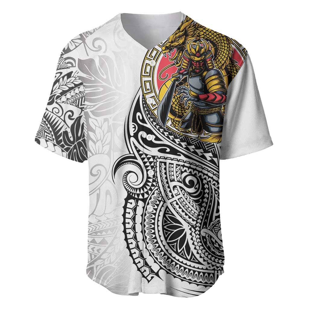Japanese Samurai Warrior Baseball Jersey White Polynesian Tattoo Style