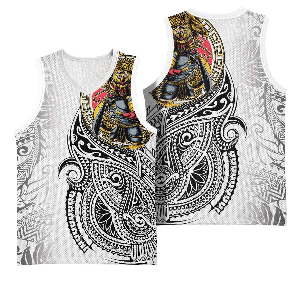 Japanese Samurai Warrior Basketball Jersey White Polynesian Tattoo Style - Polynesian Pride